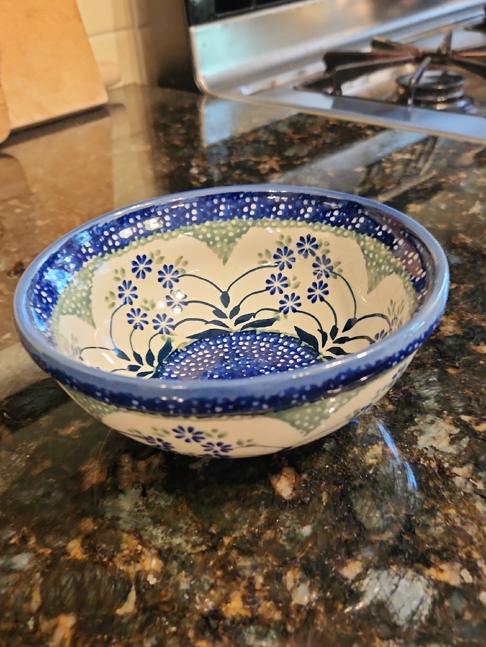 Hand-Painted Blue Floral Ceramic  Bowl Polish Unikat Boleslawiec